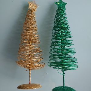 Set of 2 wired tabletop decor Christmas trees 1 gold tone and 1 green